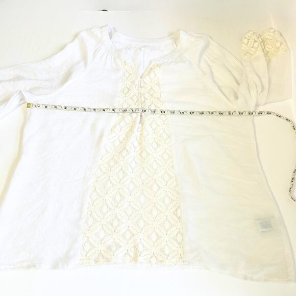 Women's White Split Neck White Gauzy Top / Blouse - Picture 8 of 13